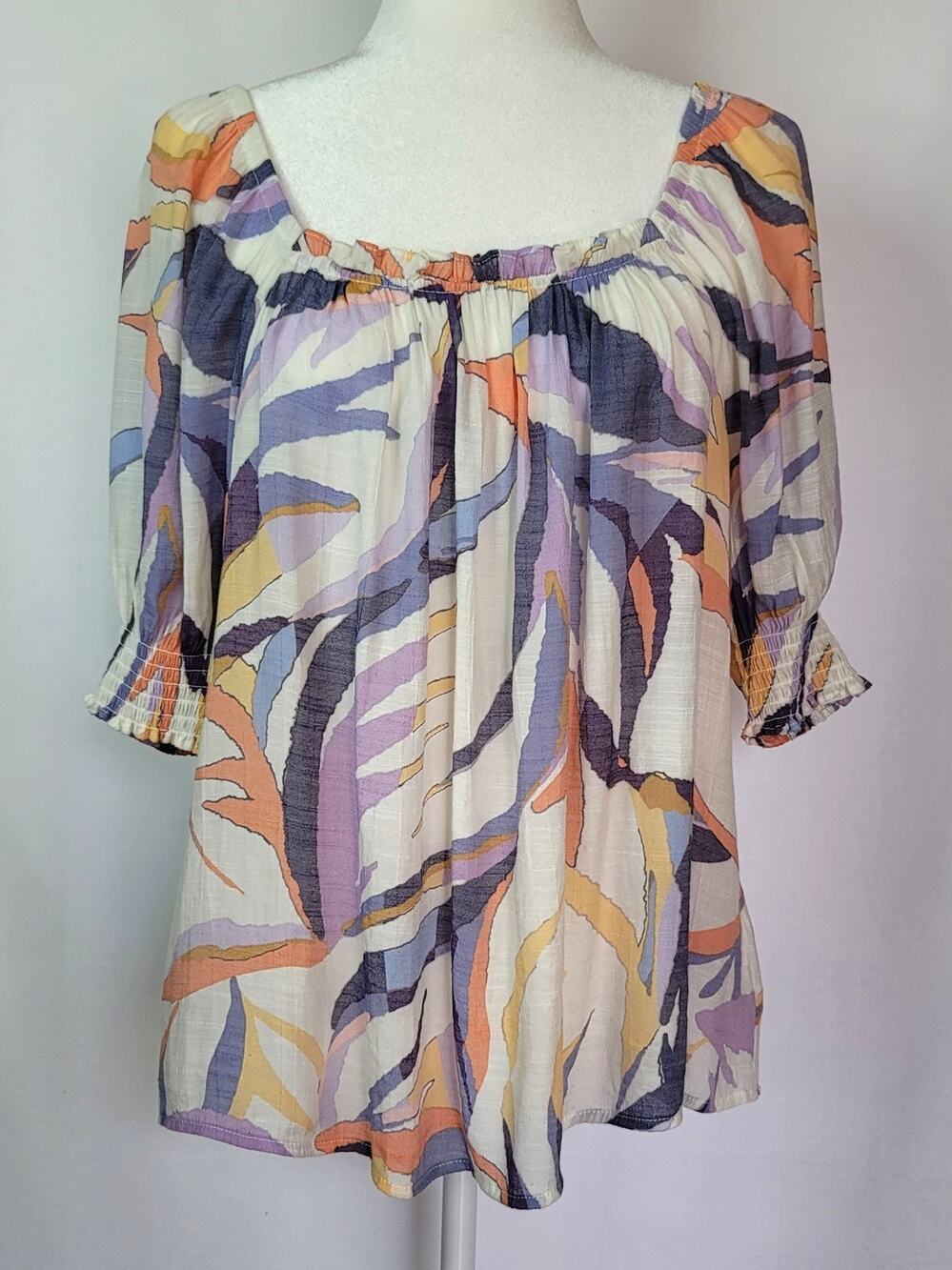 Zac & Rachel Navy Purple Peach Watercolor Ruched Neck Short Sleeve Top Size L